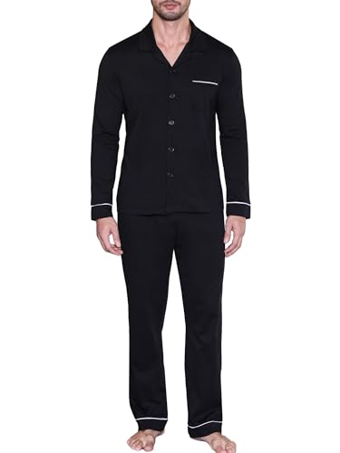 Winovia Herren Schlafanzug Lang Baumwolle Pyjama Zweiteiliger Nightwear Set Sleepwear Nachtwäsche mit Klassischem Design, V-Ausschnitt und Knopfleiste Schwarz M von Winovia