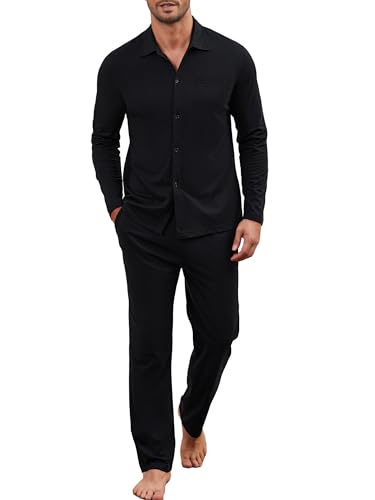 Winovia Herren Schlafanzug Lang Baumwolle Pyjama Zweiteiliger Nightwear Set Sleepwear Nachtwäsche mit Knopfleiste Schwarz M von Winovia