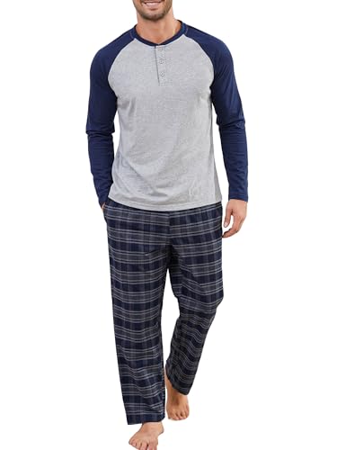 Winovia Herren Schlafanzug lang Pyjama 100% Baumwolle Langarm Nachtwäsche Sleepwear Nightwear Set mit Rundhals Design, Karierter Hose und Knopfleiste Grau+Dunkelblau 2 S von Winovia