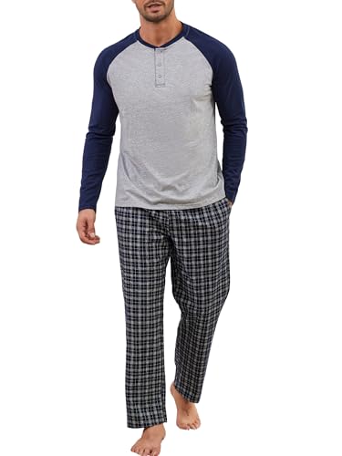 Winovia Herren Schlafanzug lang Pyjama 100% Baumwolle Langarm Nachtwäsche Sleepwear Nightwear Set mit Rundhals Design, Karierter Hose und Knopfleiste Grau+Dunkelblau M von Winovia