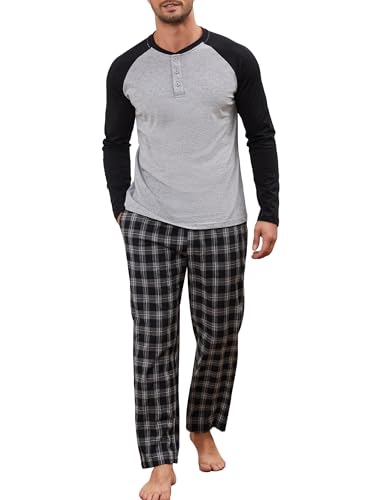 Winovia Herren Schlafanzug lang Pyjama 100% Baumwolle Langarm Nachtwäsche Sleepwear Nightwear Set mit Rundhals Design, Karierter Hose und Knopfleiste Grau+Schwarz XL von Winovia