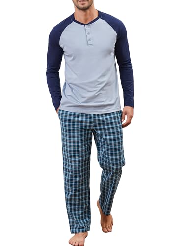 Winovia Herren Schlafanzug lang Pyjama 100% Baumwolle Langarm Nachtwäsche Sleepwear Nightwear Set mit Rundhals Design, Karierter Hose und Knopfleiste Hellblau+Dunkelblau XL von Winovia