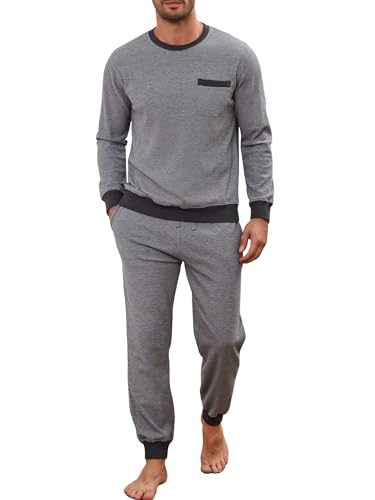 Winovia Herren Schlafanzug lang Pyjama Set Waffelpique Baumwolle Zweiteiliger Nightwear Set Sleepwear Nachtwäsche Langarm Hausanzug mit Rundhals Design Grau M von Winovia