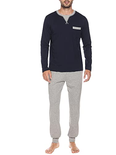 Winovia Herren Schlafanzug lang Sleepwear Pyjama Set Baumwolle Zweiteiliger Nightwear Set Nachtwäsche Langarm Hausanzug mit Rundhals Design, Langarm Shirt & Schlafanzughose Dunkelblau L von Winovia