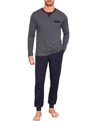 Winovia Herren Schlafanzug lang Sleepwear Pyjama Set Baumwolle Zweiteiliger Nightwear Set Nachtwäsche Langarm Hausanzug mit Rundhals Design, Langarm Shirt & Schlafanzughose Dunkelblau-grau M von Winovia