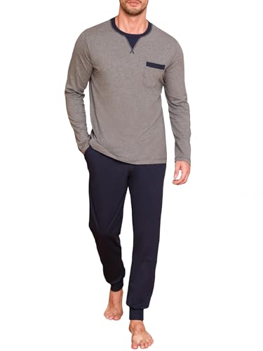 Winovia Herren Schlafanzug lang Sleepwear Pyjama Set Baumwolle Zweiteiliger Nightwear Set Nachtwäsche Langarm Hausanzug mit Rundhals Design, Langarm Shirt & Schlafanzughose Dunkelgrau L von Winovia
