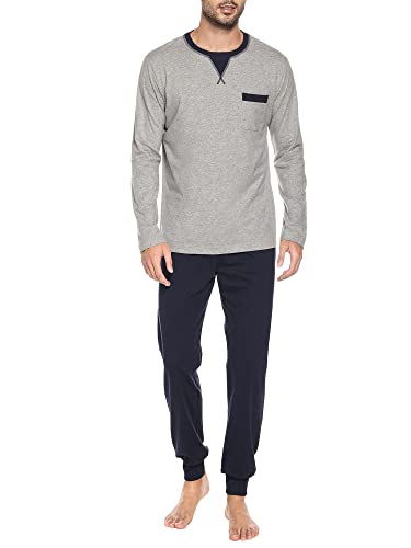 Winovia Herren Schlafanzug lang Sleepwear Pyjama Set Baumwolle Zweiteiliger Nightwear Set Nachtwäsche Langarm Hausanzug mit Rundhals Design, Langarm Shirt & Schlafanzughose Grau L von Winovia
