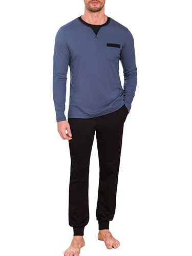 Winovia Herren Schlafanzug lang Sleepwear Pyjama Set Baumwolle Zweiteiliger Nightwear Set Nachtwäsche Langarm Hausanzug mit Rundhals Design, Langarm Shirt & Schlafanzughose Saphirblau S von Winovia