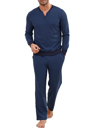 Winovia Herren Schlafanzug lang Waffelpique Pyjama Baumwolle Sleepwear Nachtwäsche Nightwear Set mit V-Ausschnitt, Langarm Shirt & Schlafanzughose Blau-grau S von Winovia
