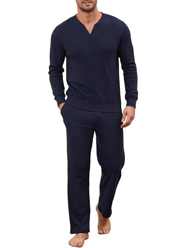Winovia Herren Schlafanzug lang Waffelpique Pyjama Baumwolle Sleepwear Nachtwäsche Nightwear Set mit V-Ausschnitt, Langarm Shirt & Schlafanzughose Dunkelblau XXL von Winovia