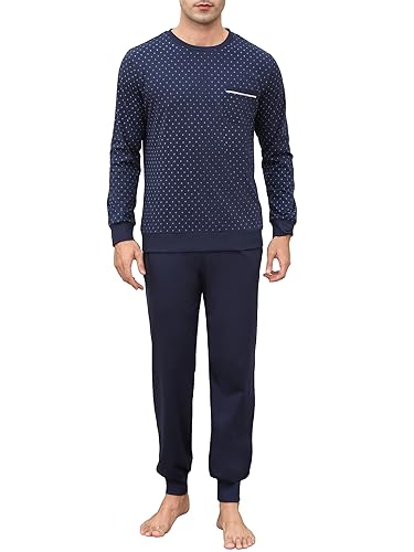 Winovia Herren Schlafanzug lang Zweiteiliger Pyjama Baumwolle Nachtwäsche Nightwear Set mit Bündchen, Bedruckt, Rundhals Design, Langarmshirt und Schlafanzughose für Männer Dunkelblau XXL von Winovia