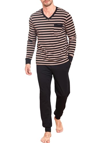 Winovia Herren Schlafanzug lang Zweiteiliger Pyjamaset Baumwolle Nightwear Set Langarm Hausanzug Sleepwear Nachtwäsche mit Bündchen, V-Ausschnitt, und Streifen-Design BR S von Winovia
