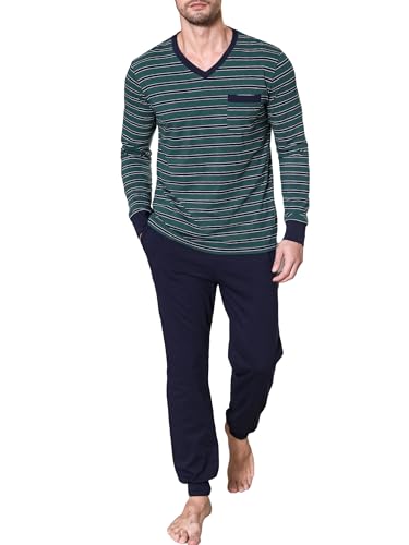 Winovia Herren Schlafanzug lang Zweiteiliger Pyjamaset Baumwolle Nightwear Set Langarm Hausanzug Sleepwear Nachtwäsche mit Bündchen, V-Ausschnitt, und Streifen-Design DGB XL von Winovia