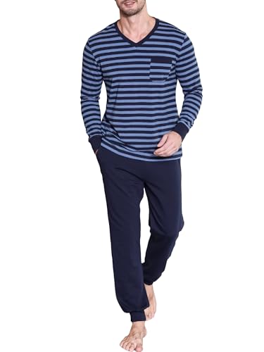 Winovia Herren Schlafanzug lang Zweiteiliger Pyjamaset Baumwolle Nightwear Set Langarm Hausanzug Sleepwear Nachtwäsche mit Bündchen, V-Ausschnitt, und Streifen-Design Dunkelblau M von Winovia