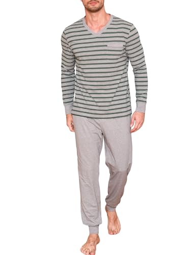 Winovia Herren Schlafanzug lang Zweiteiliger Pyjamaset Baumwolle Nightwear Set Langarm Hausanzug Sleepwear Nachtwäsche mit Bündchen, V-Ausschnitt, und Streifen-Design GRG S von Winovia