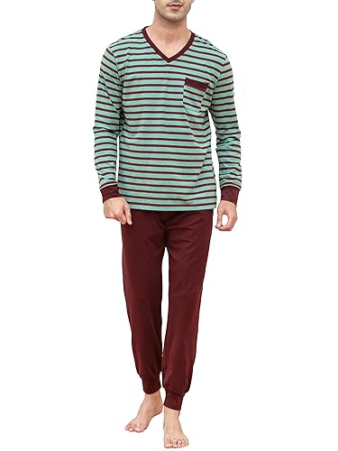 Winovia Herren Schlafanzug lang Zweiteiliger Pyjamaset Baumwolle Nightwear Set Langarm Hausanzug Sleepwear Nachtwäsche mit Bündchen, V-Ausschnitt, und Streifen-Design Grau+Grün M Winovia Herren Schlafanzug lang Zweiteiliger Pyjamaset Baumwolle Nightwear Set Langarm Hausanzug Sleepwear Nachtwäsche mit Bündchen, V-Ausschnitt, und Streifen-Design Grau+Grün M von Winovia