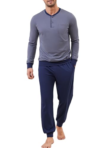 Winovia Herren Schlafanzug lang mit Bündchen Pyjama Set Baumwolle Zweiteiliger Nightwear Set Sleepwear Nachtwäsche Langarm Hausanzug mit Rundhals Design und KnopfleisteBlau-grau XXL von Winovia