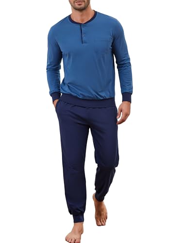 Winovia Herren Schlafanzug lang mit Bündchen Pyjama Set Baumwolle Zweiteiliger Nightwear Set Sleepwear Nachtwäsche Langarm Hausanzug mit Rundhals Design und KnopfleisteDunkelblau XL von Winovia