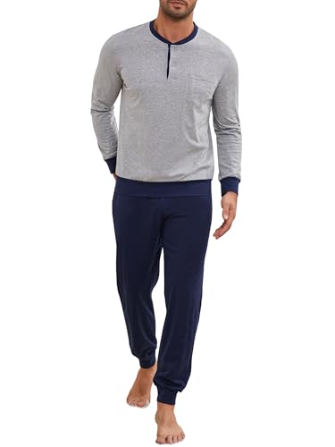 Winovia Herren Schlafanzug lang mit Bündchen Pyjama Set Baumwolle Zweiteiliger Nightwear Set Sleepwear Nachtwäsche Langarm Hausanzug mit Rundhals Design und KnopfleisteGrau M von Winovia