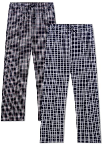 Winovia Herren Schlafanzughose Lang Baumwolle Karierte Pyjamahose Lounge Hose Pyjamaunterteil Freizeithose mit Seitentaschen für Männer, Gerade Geschnitten Blau/Weiß+Blau/Rot L von Winovia