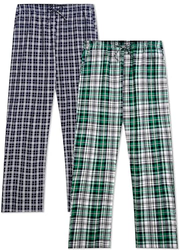 Winovia Herren Schlafanzughose Lang Baumwolle Karierte Pyjamahose Lounge Hose Pyjamaunterteil Freizeithose mit Seitentaschen für Männer, Gerade Geschnitten Blau/Weiß+Grün/Weiß XXL von Winovia