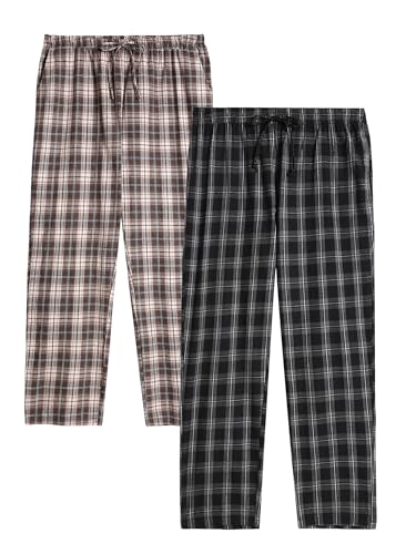 Winovia Herren Schlafanzughose Lang Baumwolle Karierte Pyjamahose Lounge Hose Pyjamaunterteil Freizeithose mit Seitentaschen für Männer, Gerade Geschnitten Grau/Weiß+Weiß/Braun S von Winovia