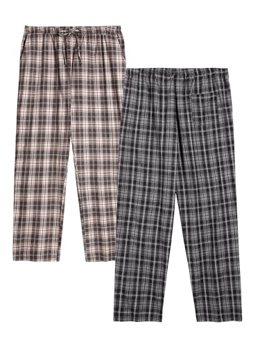 Winovia Herren Schlafanzughose Lang Baumwolle Karierte Pyjamahose Lounge Hose Pyjamaunterteil Freizeithose mit Seitentaschen für Männer, Gerade Geschnitten Graubraun+Weiß/Braun XXL von Winovia