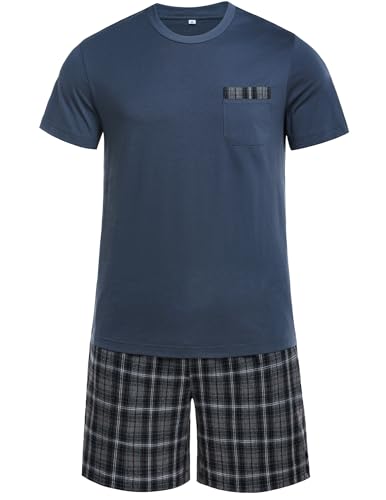 Winovia Schlafanzug Herren Kurz Pyjama 100% Baumwolle Kurzarm Nachtwäsche Nightwear Set mit Rundhals Design und Karierter Hose Dunkel-Graubraun（Fein kariert） M von Winovia