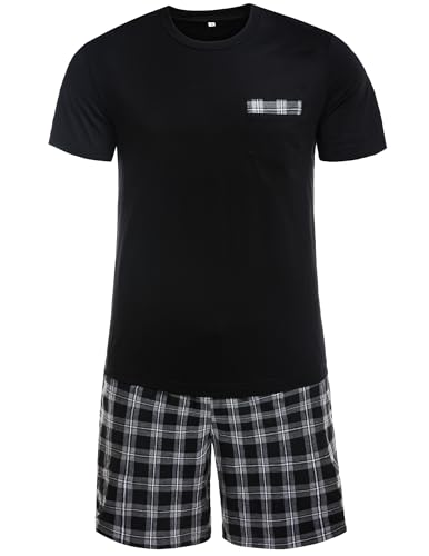 Winovia Schlafanzug Herren Kurz Pyjama 100% Baumwolle Kurzarm Nachtwäsche Nightwear Set mit Rundhals Design und Karierter Hose Dunkel-Graubraun（Weit kariert） L von Winovia