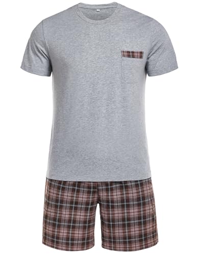 Winovia Schlafanzug Herren Kurz Pyjama 100% Baumwolle Kurzarm Nachtwäsche Nightwear Set mit Rundhals Design und Karierter Hose Graubraun XL von Winovia
