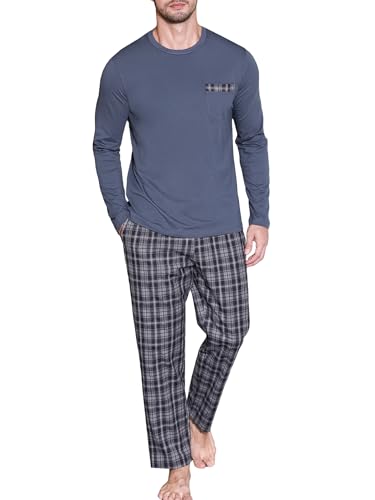Winovia Schlafanzug Herren Lang Pyjama 100% Baumwolle Langarm Nachtwäsche Sleepwear Nightwear Set mit Rundhals Design und Karierter Hose Dunkel-Graubraun（Fein kariert） XXL von Winovia