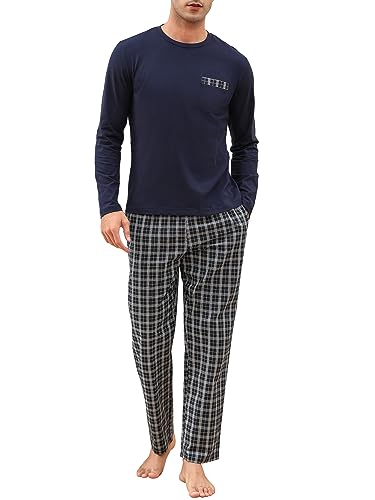 Winovia Schlafanzug Herren Lang Pyjama 100% Baumwolle Langarm Nachtwäsche Sleepwear Nightwear Set mit Rundhals Design und Karierter Hose Dunkelblau L von Winovia