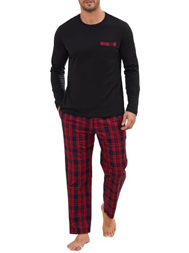 Winovia Schlafanzug Herren Lang Pyjama 100% Baumwolle Langarm Nachtwäsche Sleepwear Nightwear Set mit Rundhals Design und Karierter Hose Dunkelblau&Rot S von Winovia