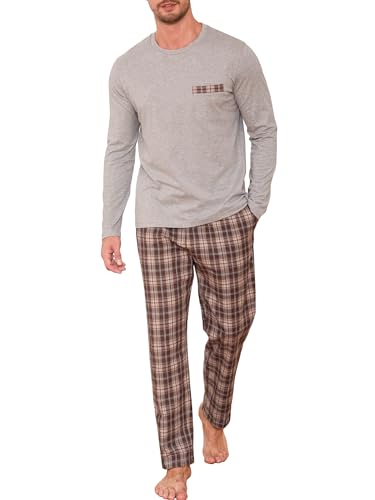 Winovia Schlafanzug Herren Lang Pyjama 100% Baumwolle Langarm Nachtwäsche Sleepwear Nightwear Set mit Rundhals Design und Karierter Hose Graubraun L von Winovia