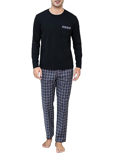 Winovia Schlafanzug Herren Lang Pyjama 100% Baumwolle Langarm Nachtwäsche Sleepwear Nightwear Set mit Rundhals Design und Karierter Hose Schwarz S von Winovia