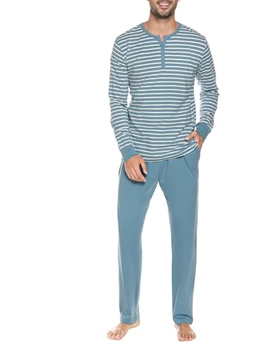 Winovia Zweiteiliger Schlafanzug Herren lang Sleepwear Baumwolle Pyjama Set Winter Nightwear Set Nachtwäsche Langarm mit Knopfleiste, V-Ausschnitt, und Streifen-Design Blau XXL von Winovia