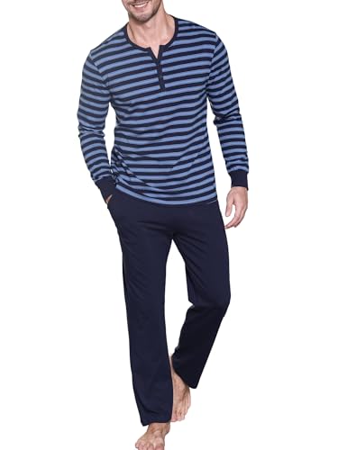 Winovia Zweiteiliger Schlafanzug Herren lang Sleepwear Baumwolle Pyjama Set Winter Nightwear Set Nachtwäsche Langarm mit Knopfleiste, V-Ausschnitt, und Streifen-Design Dunkelblau L von Winovia
