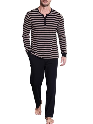 Winovia Zweiteiliger Schlafanzug Herren lang Sleepwear Baumwolle Pyjama Set Winter Nightwear Set Nachtwäsche Langarm mit Knopfleiste, V-Ausschnitt, und Streifen-Design Dunkelbraun S von Winovia