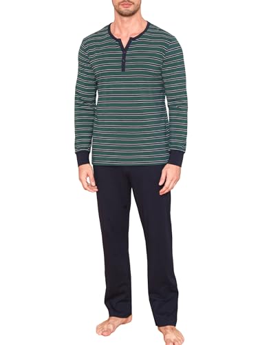 Winovia Zweiteiliger Schlafanzug Herren lang Sleepwear Baumwolle Pyjama Set Winter Nightwear Set Nachtwäsche Langarm mit Knopfleiste, V-Ausschnitt, und Streifen-Design Dunkelgrün L von Winovia
