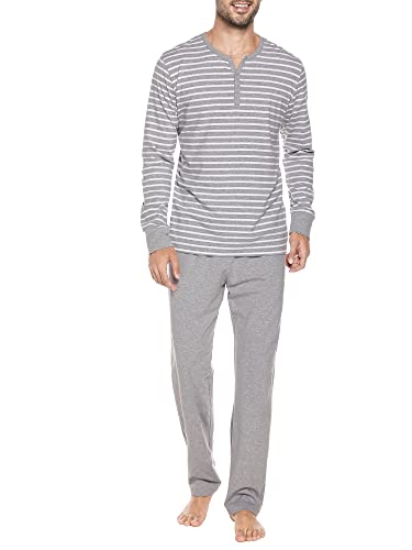 Winovia Zweiteiliger Schlafanzug Herren lang Sleepwear Baumwolle Pyjama Set Winter Nightwear Set Nachtwäsche Langarm mit Knopfleiste, V-Ausschnitt, und Streifen-Design Grau S von Winovia