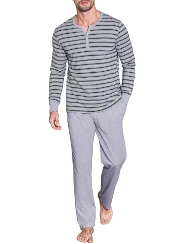 Winovia Zweiteiliger Schlafanzug Herren lang Sleepwear Baumwolle Pyjama Set Winter Nightwear Set Nachtwäsche Langarm mit Knopfleiste, V-Ausschnitt, und Streifen-Design Graugrün XL von Winovia