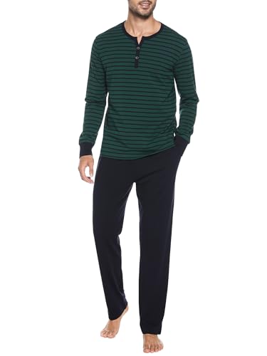 Winovia Zweiteiliger Schlafanzug Herren lang Sleepwear Baumwolle Pyjama Set Winter Nightwear Set Nachtwäsche Langarm mit Knopfleiste, V-Ausschnitt, und Streifen-Design Grün XXL Winovia Zweiteiliger Schlafanzug Herren lang Sleepwear Baumwolle Pyjama Set Winter Nightwear Set Nachtwäsche Langarm mit Knopfleiste, V-Ausschnitt, und Streifen-Design Grün XXL von Winovia