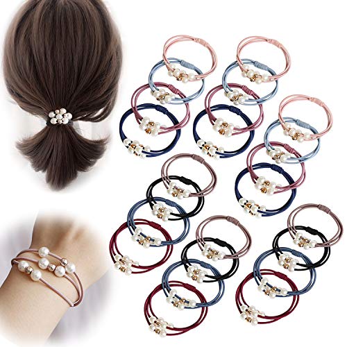 Winrase 24 Stück 3-in-1 hochelastische Gummibänder mit glänzenden Perlen, Haargummis, verlustsicherer Haarring, Haarband, Pferdeschwanzhalter für Frauen und Mädchen (Stil A 24 Stück): Stil A 24 Stück von Winrase