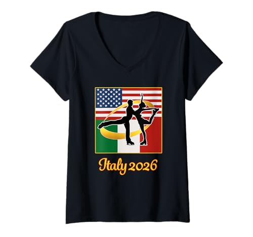 Damen Italien 2026 Paar Skaten 2026 USA Italien Flaggen T-Shirt mit V-Ausschnitt Damen Italien 2026 Paar Skaten 2026 USA Italien Flaggen T-Shirt mit V-Ausschnitt von Winter 2026 Italien Grafikdesigns
