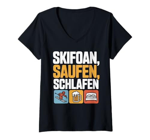 Damen Skifoan Saufen Schlafen Lustig T-Shirt mit V-Ausschnitt Damen Skifoan Saufen Schlafen Lustig T-Shirt mit V-Ausschnitt von Winter Abenteuer Spaß Skifahren