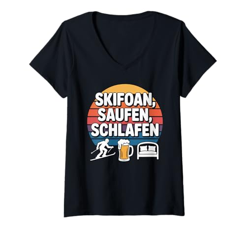 Damen Skifoan Saufen Schlafen Lustig T-Shirt mit V-Ausschnitt Damen Skifoan Saufen Schlafen Lustig T-Shirt mit V-Ausschnitt von Winter Abenteuer Spaß Skifahren