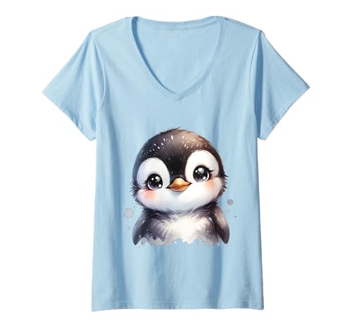 Damen Niedlicher Pinguin mit großen Augen - Wintertier Design für Kinder T-Shirt mit V-Ausschnitt Damen Niedlicher Pinguin mit großen Augen - Wintertier Design für Kinder T-Shirt mit V-Ausschnitt von Winter Animal Designs for Penguin Fans and Kids