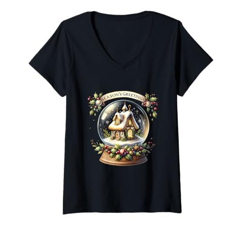 Damen Season's Greetings Schneekugel Cozy Winter Cottage T-Shirt mit V-Ausschnitt Damen Season's Greetings Schneekugel Cozy Winter Cottage T-Shirt mit V-Ausschnitt von Winter Cottage Charm Apparel Home And More