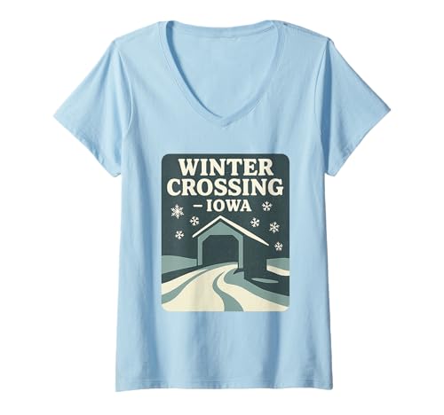 Damen Winter-Überquerhemd Iowa Covered Bridge Snow Vintage T-Shirt mit V-Ausschnitt Damen Winter-Überquerhemd Iowa Covered Bridge Snow Vintage T-Shirt mit V-Ausschnitt von Winter Crossing Tee Shirts for Iowa Snow Lovers