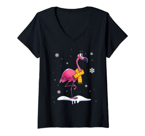 Damen Winter Tropischer Vogel Schneeflocke Zoo Tier Flamingo T-Shirt mit V-Ausschnitt Damen Winter Tropischer Vogel Schneeflocke Zoo Tier Flamingo T-Shirt mit V-Ausschnitt von Winter Flamingo Tierliebhaber Geschenk
